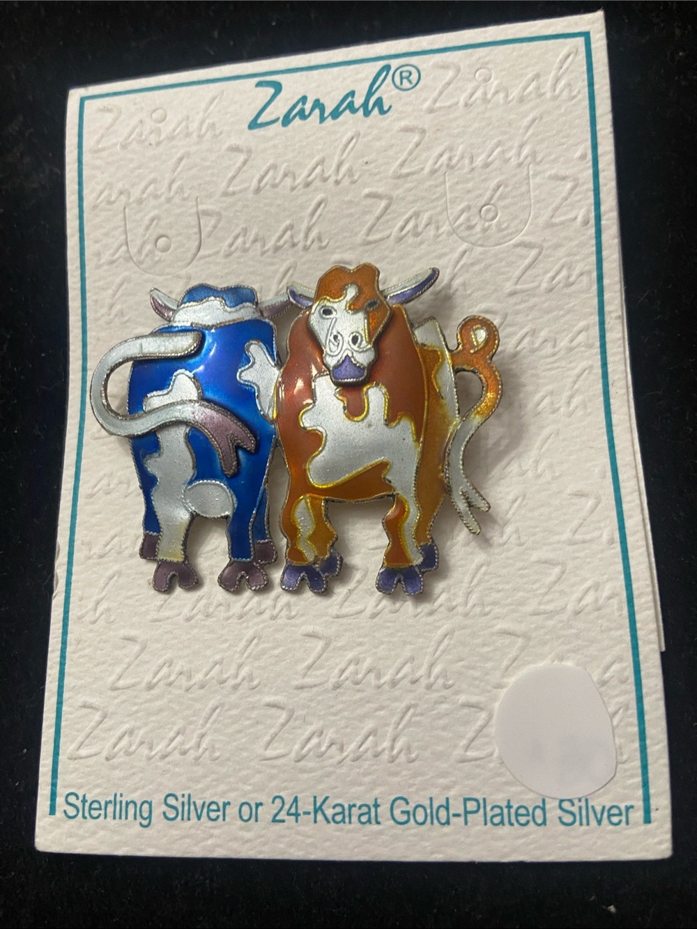 Zara Multicolor Cow Pair Enamel Brooch - Blue, Brown, White